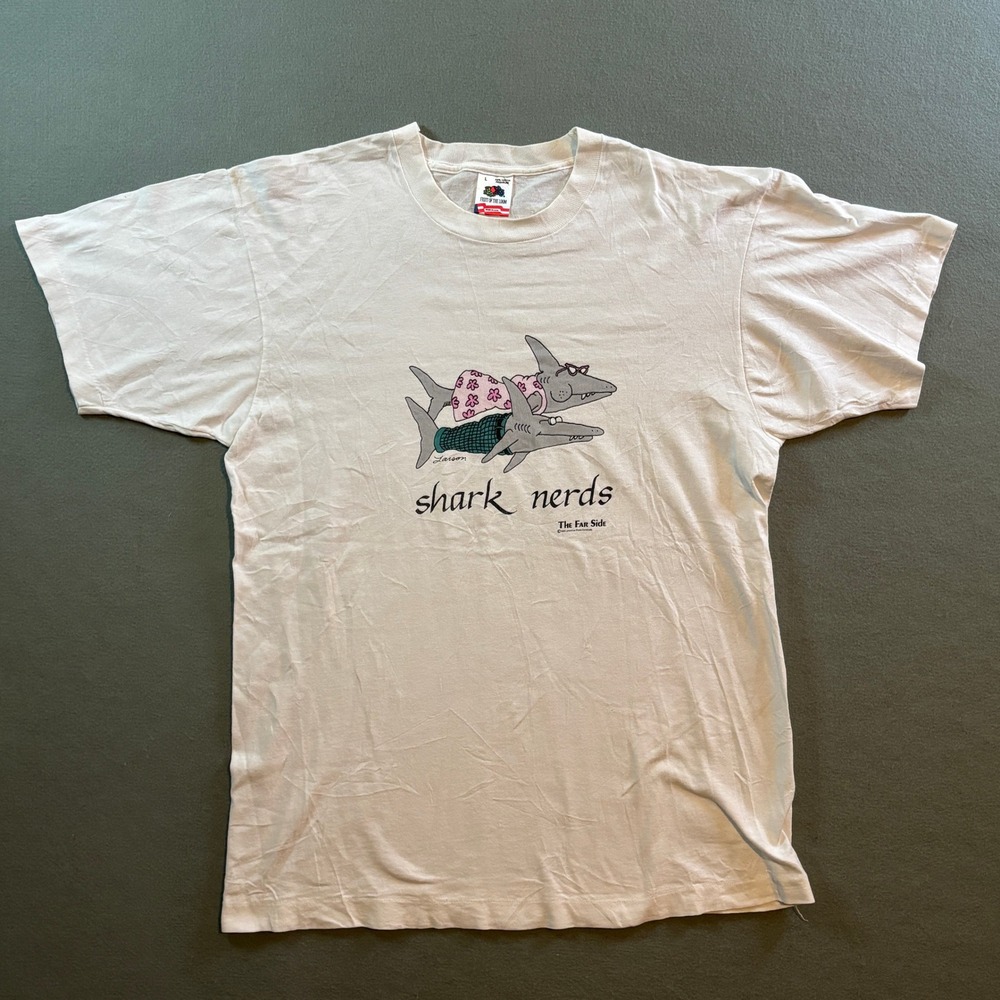 VTG The Far Side Shark Nerds T Shirt Mens L Gary Larson Comic 90s Single Stitch
